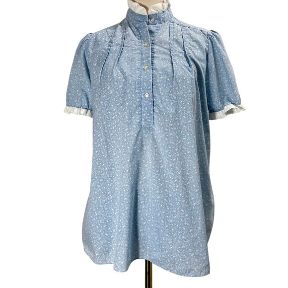 Vintage 80s Blue Top Best Times Floral Ruffle High Neck Smocked Blouse Medium - Picture 1 of 9